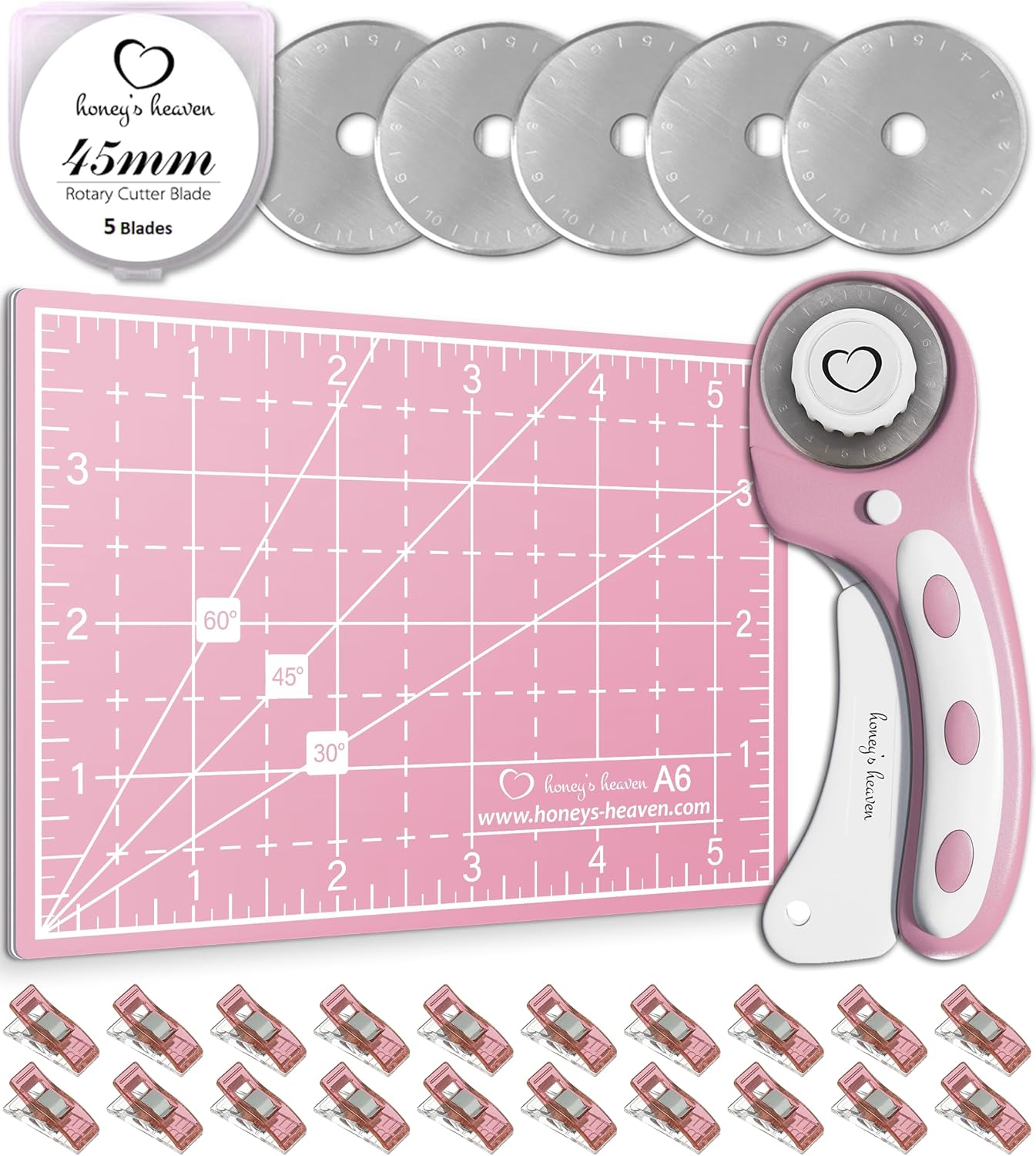 Rotary Cutter Set - Quilting Kit incl. 45mm Fabric Cutter, 5 Replacement Blades, A6 Cutting Mat and Craft Clips - Ideal for Crafting, Sewing, Patchworking, Crochet & Knitting (Pink, A6)