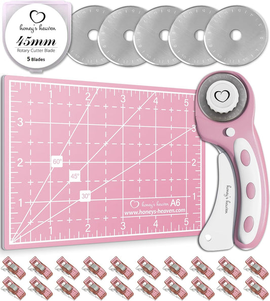Rotary Cutter Set - Quilting Kit incl. 45mm Fabric Cutter, 5 Replacement Blades, A6 Cutting Mat and Craft Clips - Ideal for Crafting, Sewing, Patchworking, Crochet & Knitting (Pink, A6)