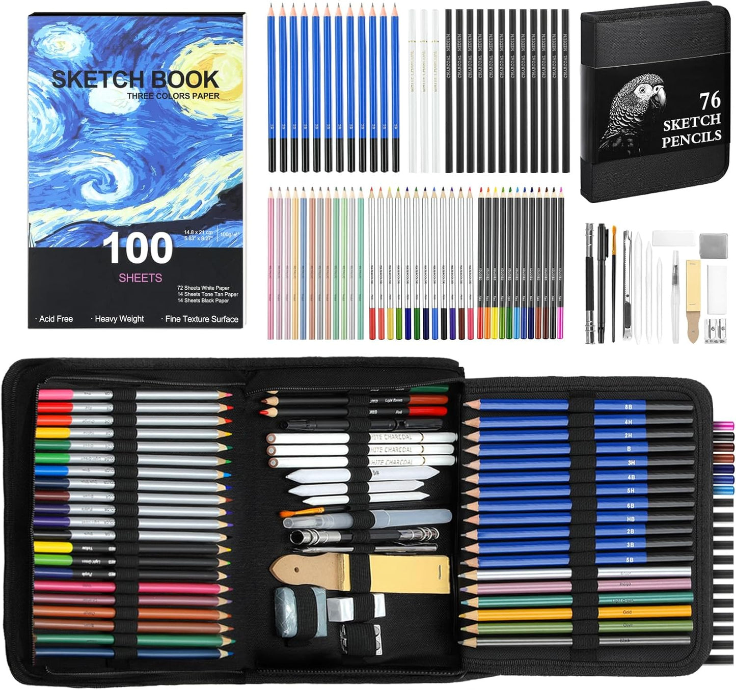 COOL BANK 76 Pack Art Supplies Sketching Kit with 100 Sheets 3-Color Sketchbook, Drawing Pencils Include Graphite Colored Charcoal Watercolor & Metallic Pencils, for Kids Adults Beginner Artists
