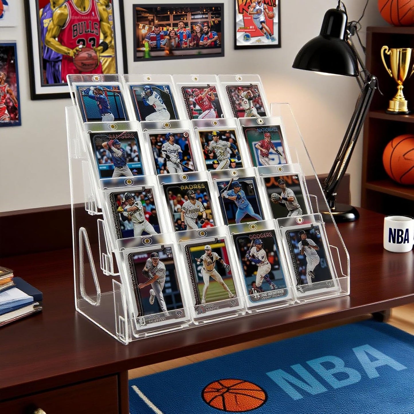 Trading Card Display Stand, Vertical Holder for Baseball Basketball Sports Graded Card Display Stand Tabletop for PSA BGS SGC Slabs, Snap-On Assembly(4 Tier, 1 Pack)