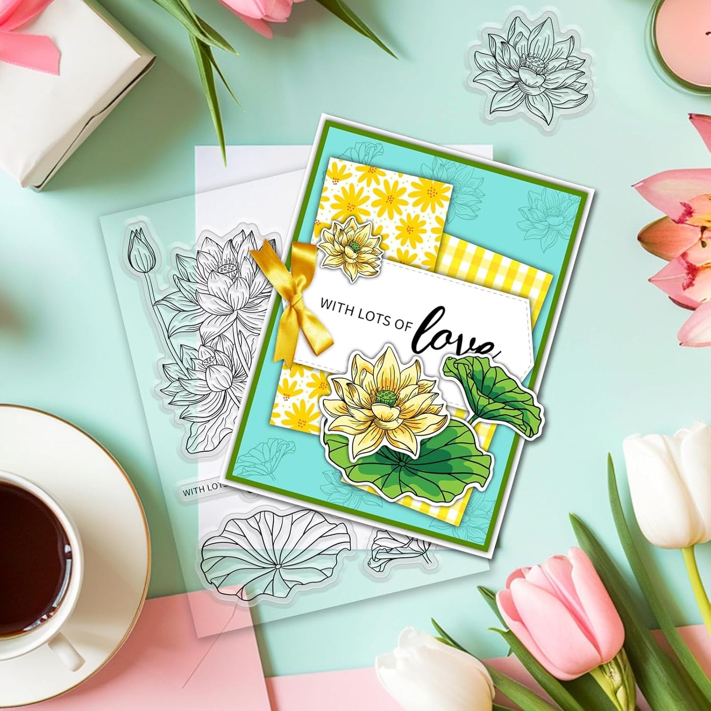 ORIGACH Lotus Layering Stencil Stamp and Die Set for Card Making, Flower Stencil Template Silicone Clear Stamps and Metal Die Sets for DIY Scrapbooking Photo Album Crafting