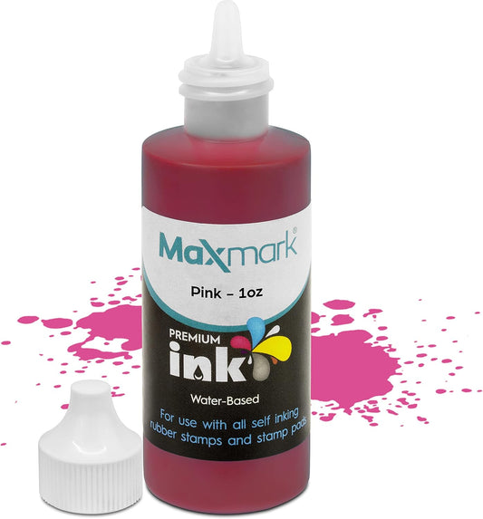 MaxMark Premium Refill Ink for self Inking Stamps and Stamp Pads, Pink Color - 1 oz.
