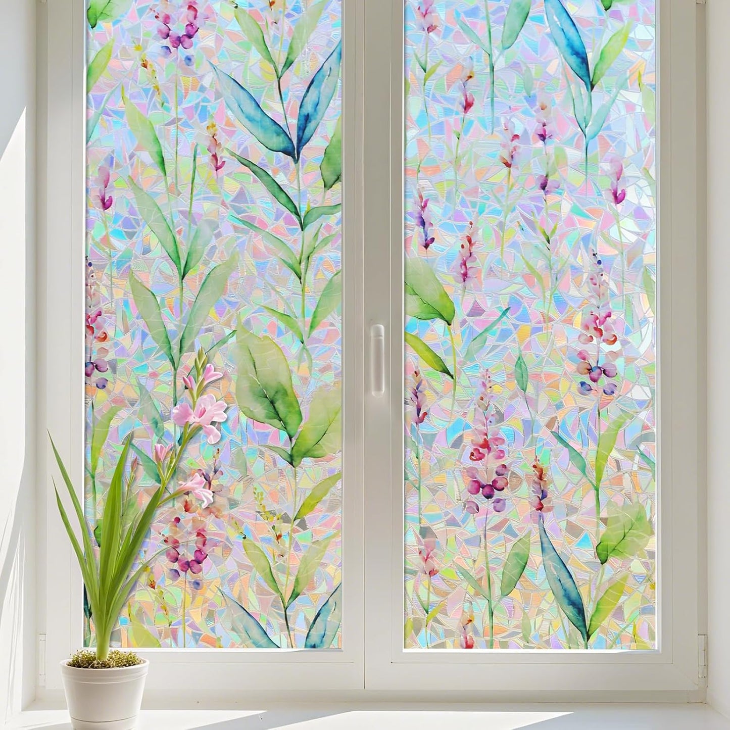 Donox Decorative Window Privacy Film, 3D Floral Stained Glass Window Film Static Cling Rainbow Privacy Sticker for Glass Door Heat Control Anti UV, No Adhesive (Gladiolus,17.5 x 157.4 inches)