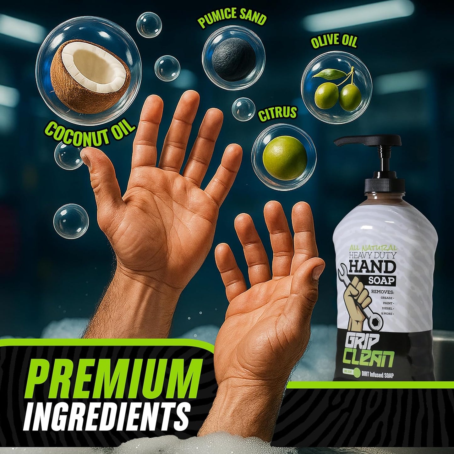 Grip Clean Heavy-Duty Hand Cleaner for Mechanics with Nail Brush - Moisturizing Coconut Oil Hand Cleaner Liquid Hand Soap with Stiff Bristle Nail Brush, Lime Scent – 8 Fl Oz Squeeze Bottle + Brush