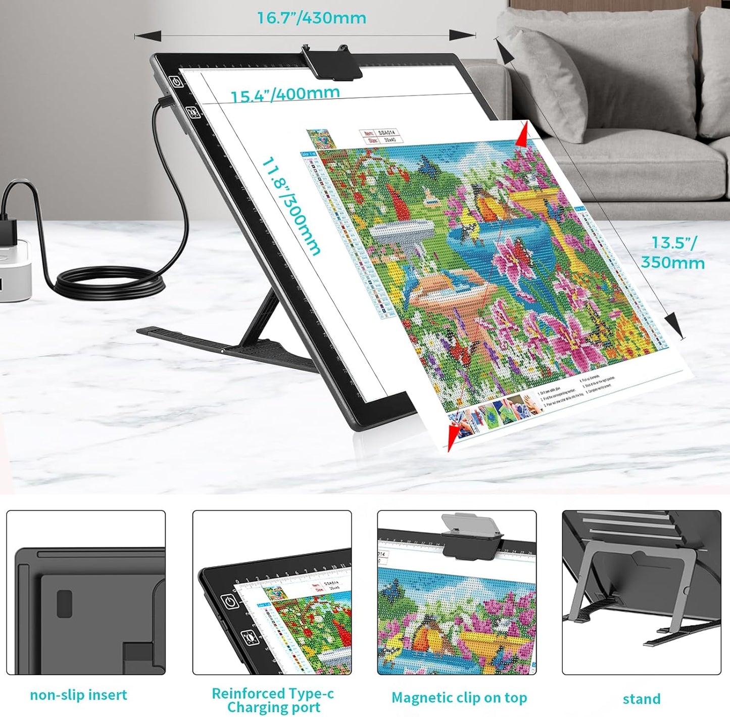 Rechargeable A3 LED Diamond Art Light Board,Tracing Light Box with Stand and Clip,3 Colors Mode Wireless Copy Pad for Diamond Painting,Weeding Vinyl,Sketching & Drawing