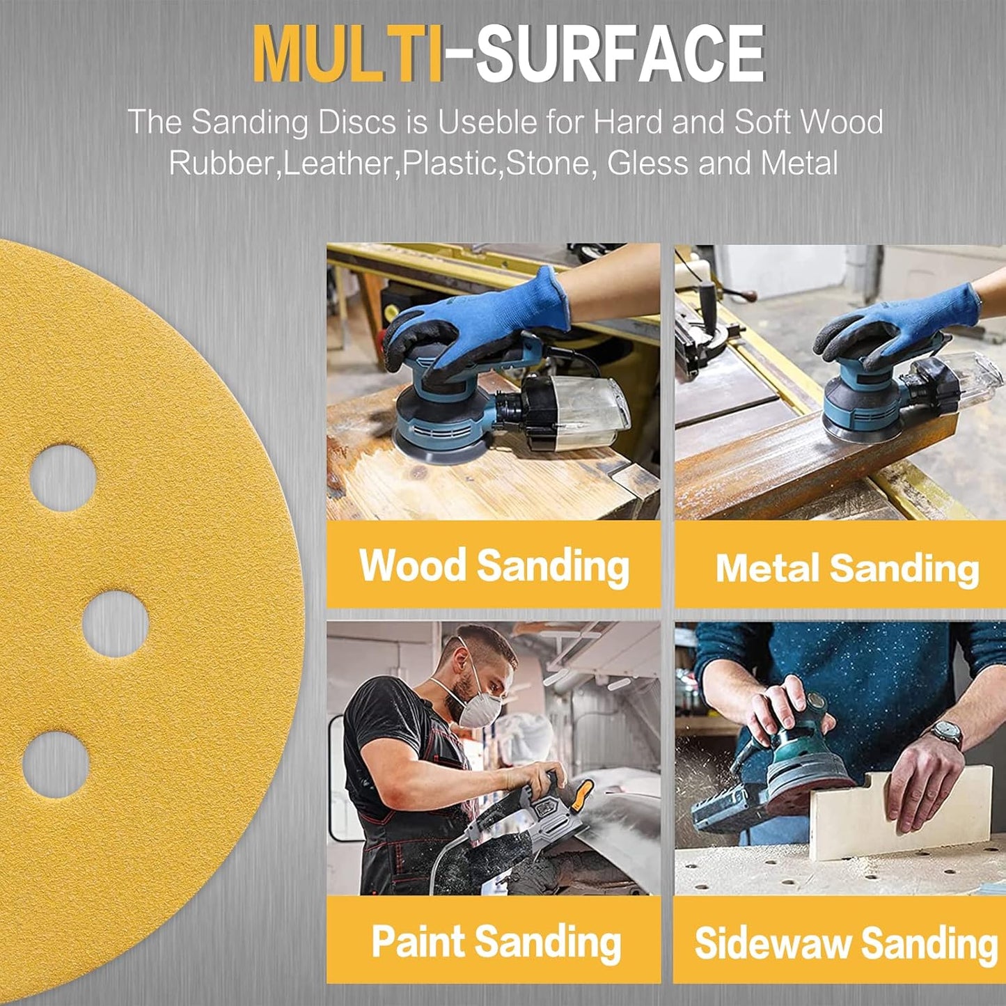 100PCS 5 Inch 8 Hole Sanding Discs 180 Grit,Gold Round Hook and Loop Sandpaper for Random Orbital Sander