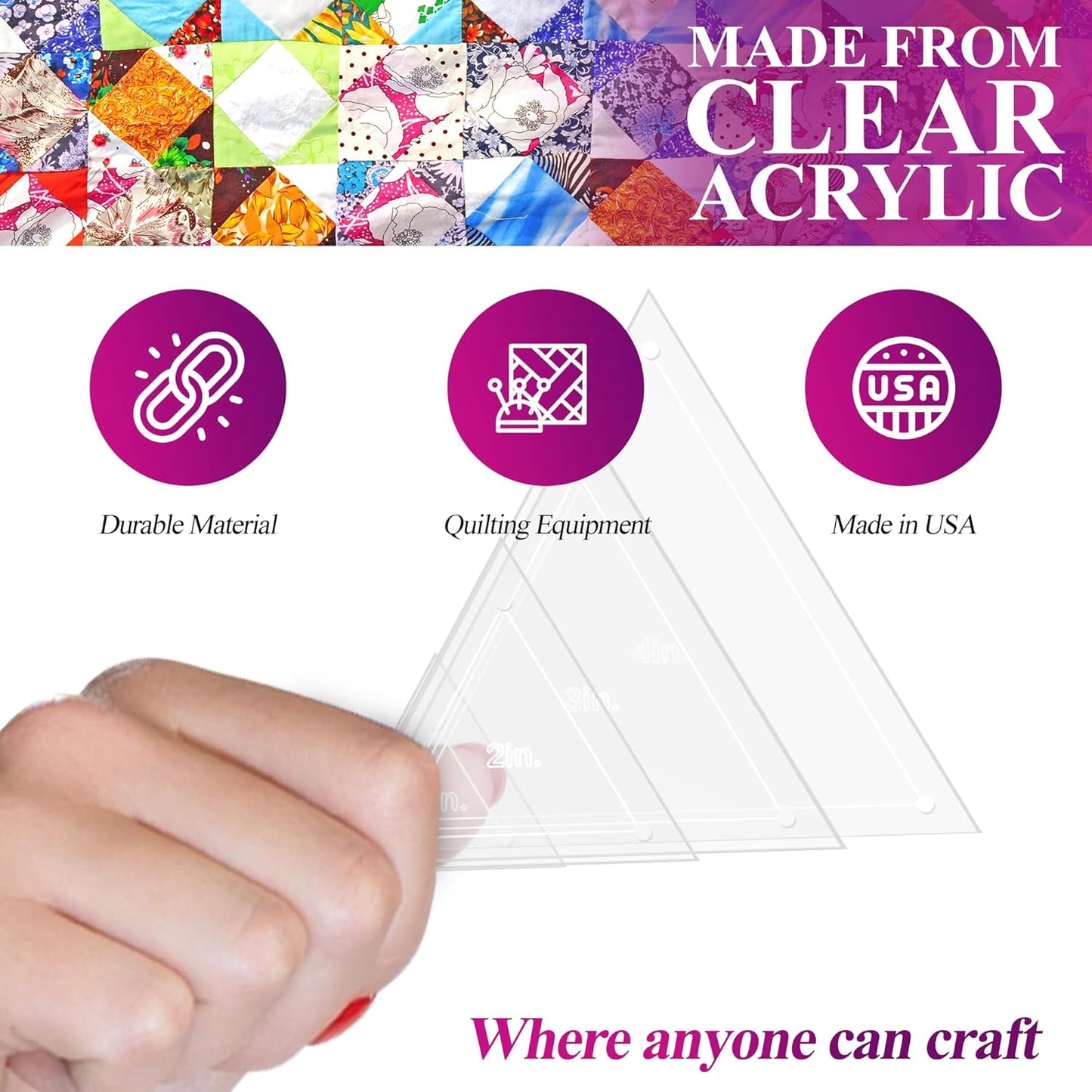 Quilting Acrylic Template Set | Precision Tools for Quilting Enthusiasts | Triangle Design | Includes Sizes 4", 3", 2", 1" | 1/8 Clear Acrylic | 1/4" Seam Allowance for Accuracy