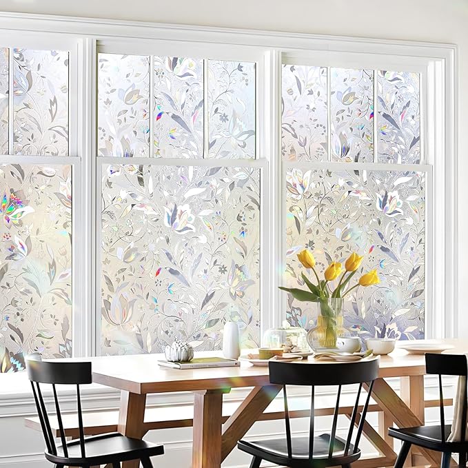 HIDBEA Window Privacy Film, 3D Stained Glass Static Cling - Sun Blocking Anti-UV Heat Control, Reusable Decorative Film for Home/Office Doors, Rainbow Tulip Design (17.3 in x 78.7 in)