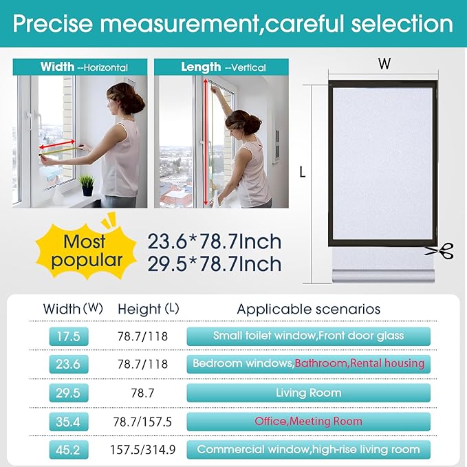 Coavas Window Privacy Film Frosted Glass Static Clings, Decorative Bathroom Door Privacy Film Day and Night, Heat UV Blocking Anti-Glare Frosting Stickers Renter Non-Adhesive, 23.6 x 393.7 Inch, Pure