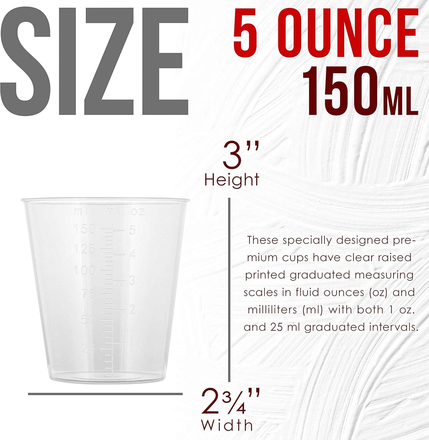 Pouring Masters 5 Oz (150 ml) Liquid Measuring Cups - Plastic Graduated Cup (100 Pack) with 25 Sticks - Reusable Mixing Cups for Paint, Craft, Kitchen, Lab, Medical Supplies, Epoxy Resin, Art