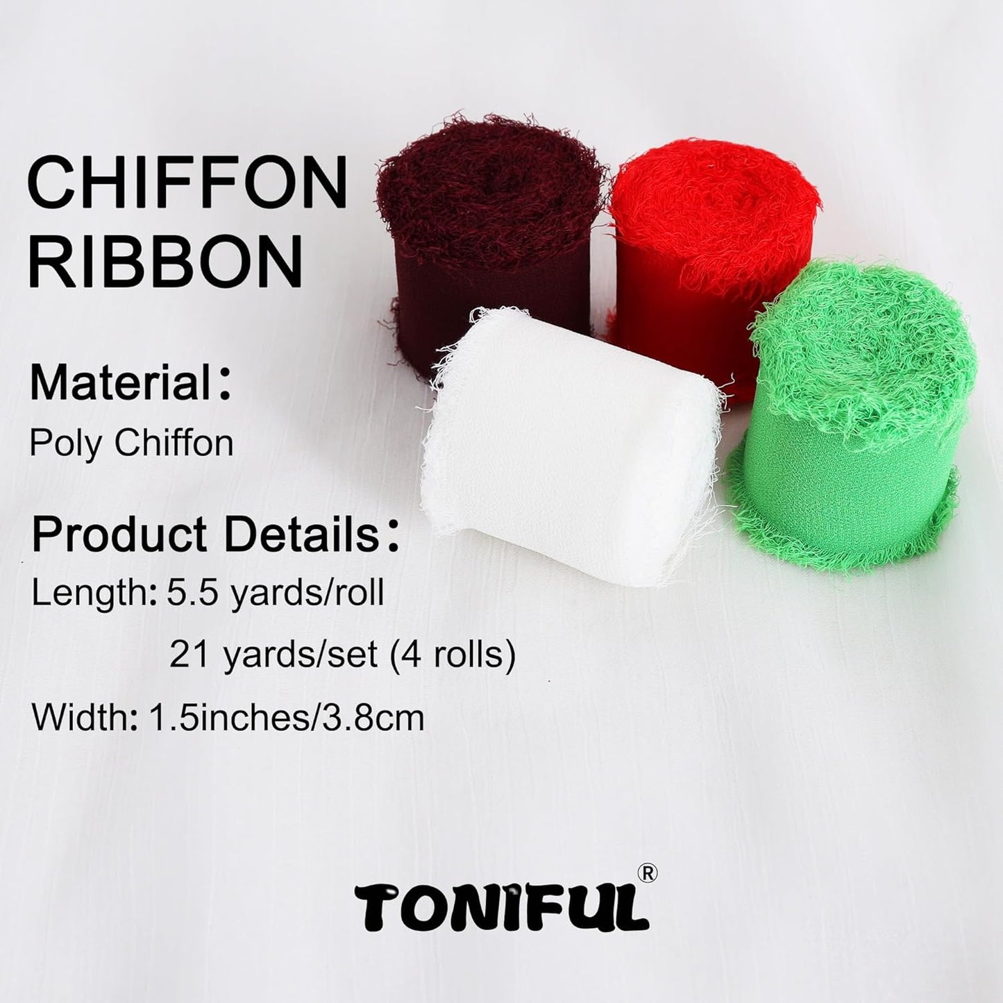 TONIFUL 4 Rolls Silk Chiffon Ribbon 1-1/2 Inch x 22 Yards, Bright Red and Green Handmade Fringe Silk Ribbon Set for Gift Wrapping Flowral Bouquets Crafts Christmas Wreath Elf-Themed Party Decoration