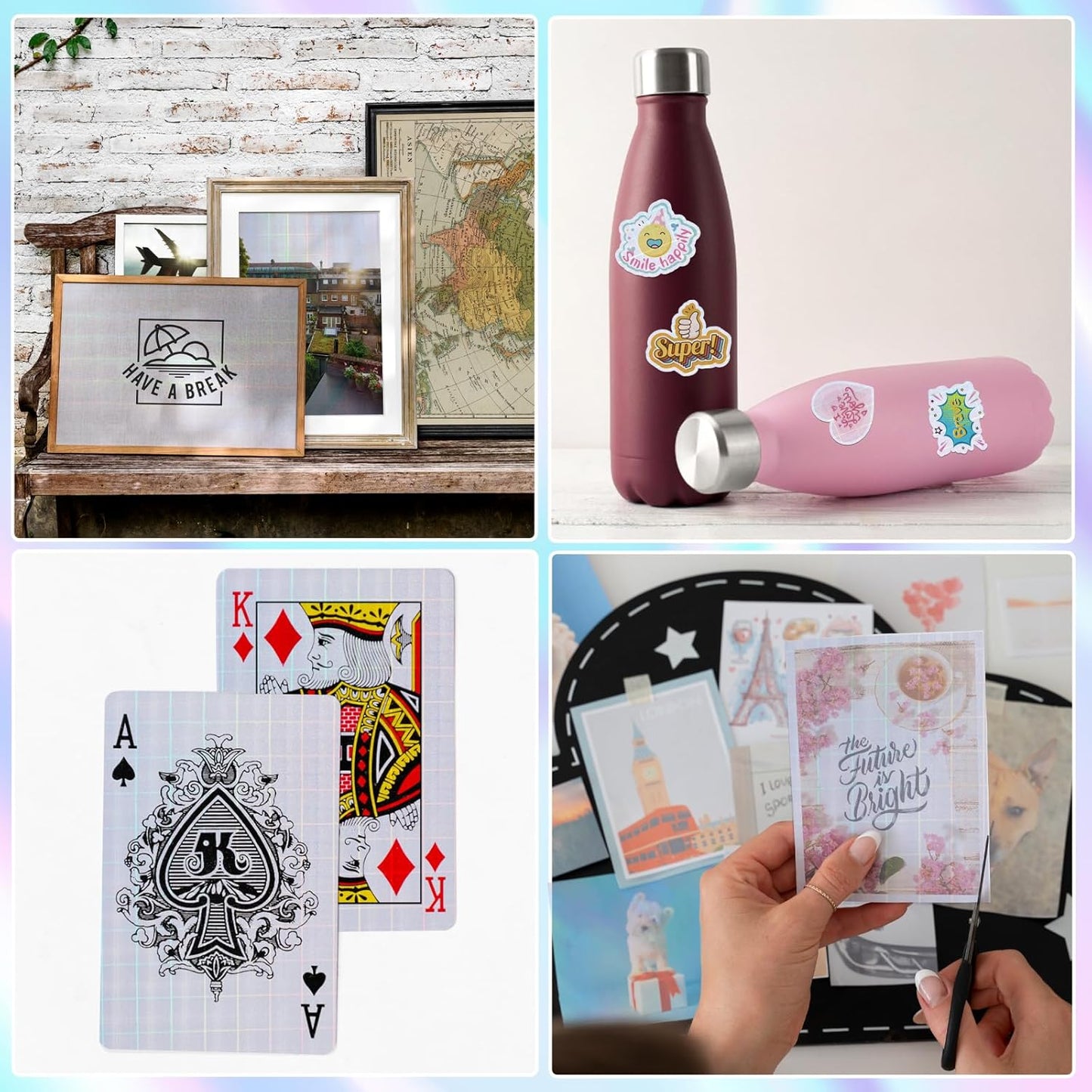 36 Sheets Holographic Sticker Paper,Holographic Laminate Sheets,A4 Size Clear Vinyl Sticker Sheets Self-Adhesive Rainbow Overlay Sheets,11.7 x 8.3 Inches（Grid）