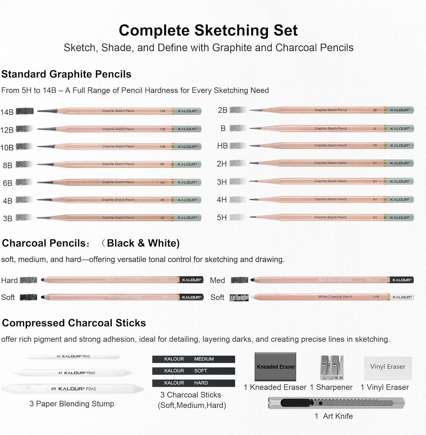 KALOUR 28 Pro Sketching Drawing Pencils Set – 14 Graphite Pencils (14B–5H), Charcoal Pencils, Erasers, Sharpener & Stumps – Complete Art Kit for Artists & Beginner
