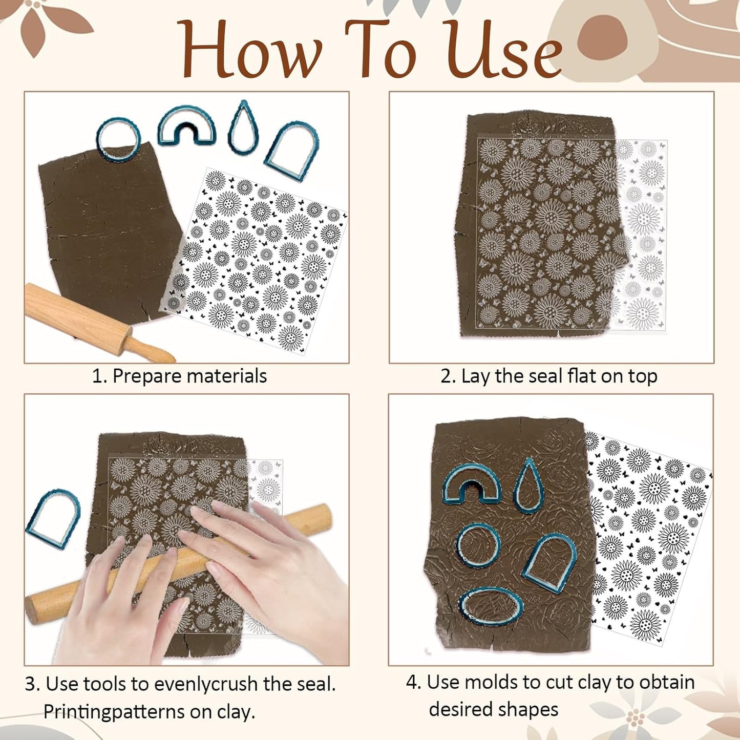 CHGCRAFT Sunflowers Polymer Clay Texture Sheets Butterfly Silicone Texture Stamp Love Heart Clay Texture Mat Modeling Pattern Pad Texture Sheets for Jewelry and Clay Earrings Tools, 5.5x5.5 inch