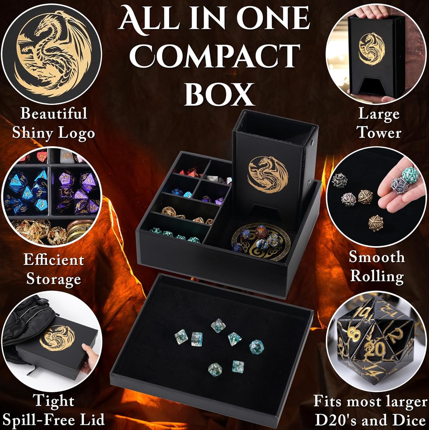 Dice Tray and Dice Tower for DND: All-in-One Tray, Storage & Large Tower for Random Rolls - Stores Your Sets, Mini's etc, Perfect for D&D and RPG Gift Accessories (Gold Dragon)