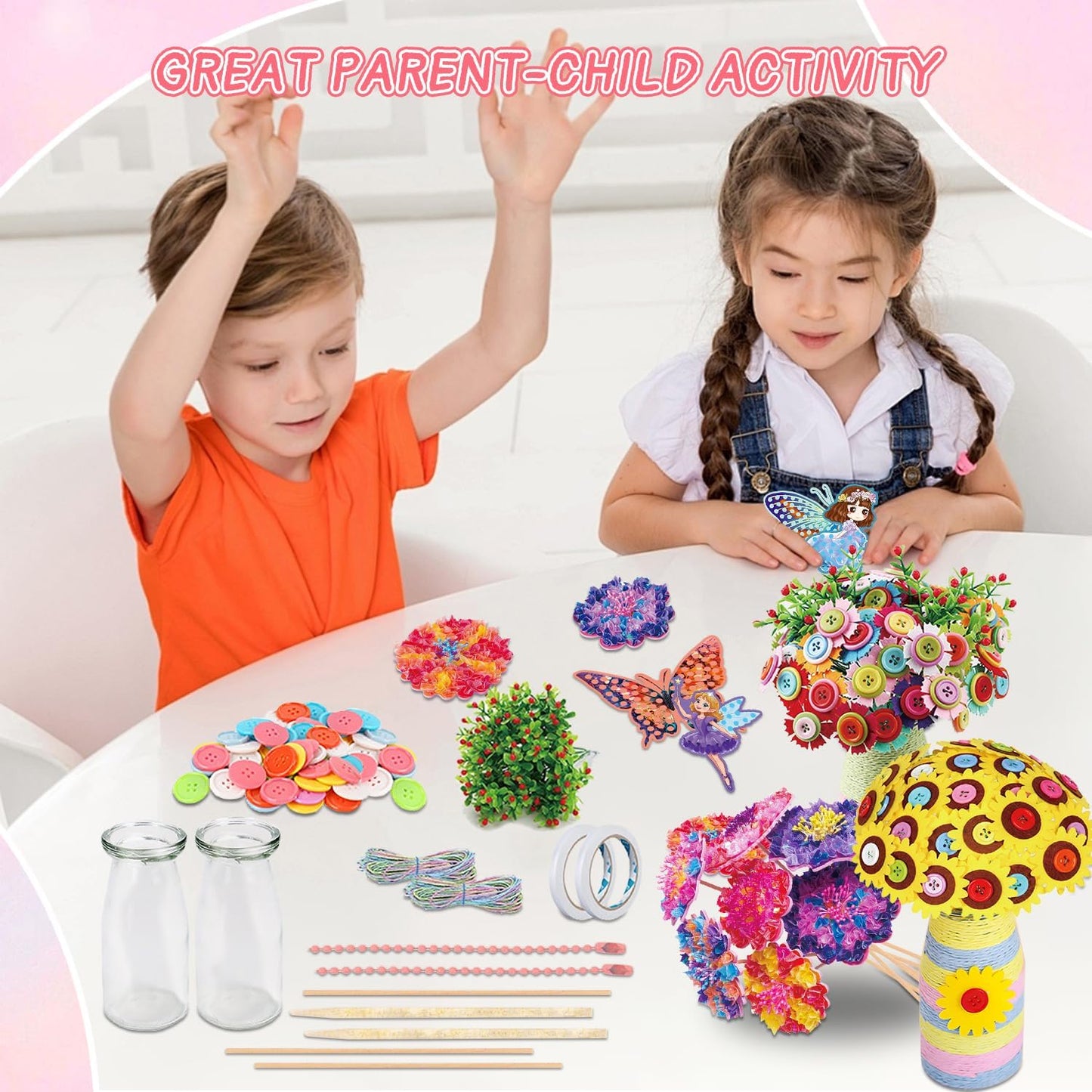 Mostop Crafts for Kids Ages 6-10, DIY Flower Bouquet Craft Kit with Buttons,Felt Flowers and 2 Vase, Poke in Arts and Crafts Birthday Gift Present for 6 7 8 9 10 Year Old Girls Flower Making Kit
