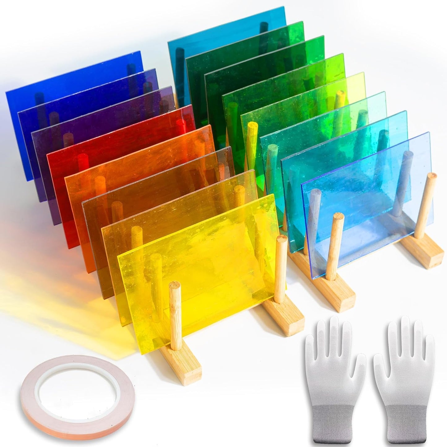 16 Sheets 4x6 in Iridescent Stained Glass Sheets, Glass Cathedral Art, Mosaic Glass, Glass Sheets Supplies with Copper Foil Tape and Gloves for Glass Lovers DIY (Transparent)