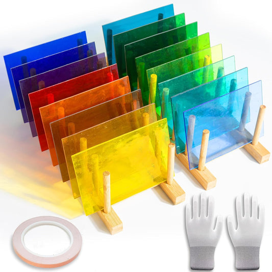 16 Sheets 4x6 in Iridescent Stained Glass Sheets, Glass Cathedral Art, Mosaic Glass, Glass Sheets Supplies with Copper Foil Tape and Gloves for Glass Lovers DIY (Transparent)