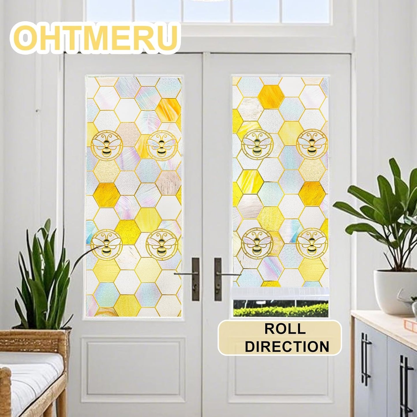 3D Stained Glass Window Privacy Film, Heat Control UV Blocking Static Cling Decorative Window Film for Bathroom,Front Door,Home Non Adhesive,16.9 x 78.7 inches Honey