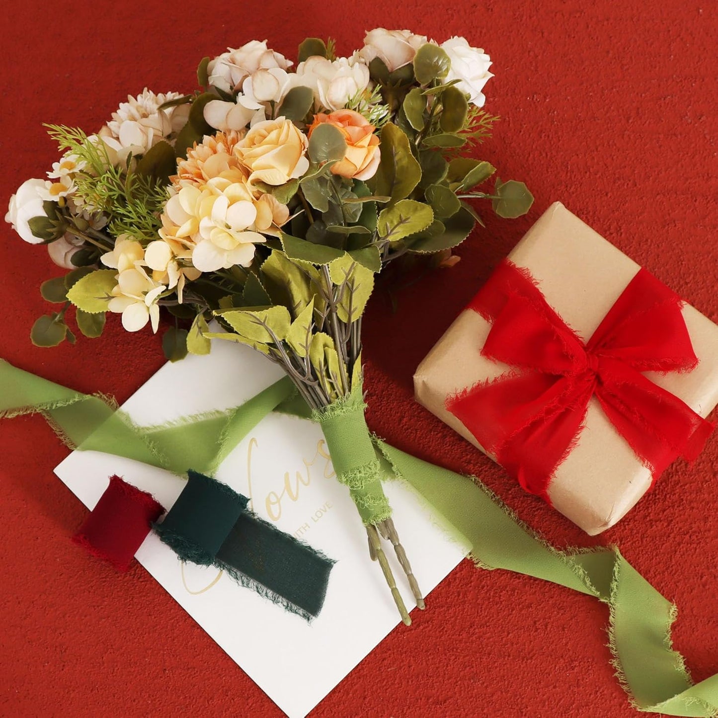 TONIFUL 4 Rolls Silk Chiffon Ribbon 1-1/2 Inch x 22 Yards, Red and Green Handmade Fringe Silk Ribbon Set for Gift Wrapping Flowral Bouquets Crafts Halloween Christmas Wreath Tree and Party Decoration