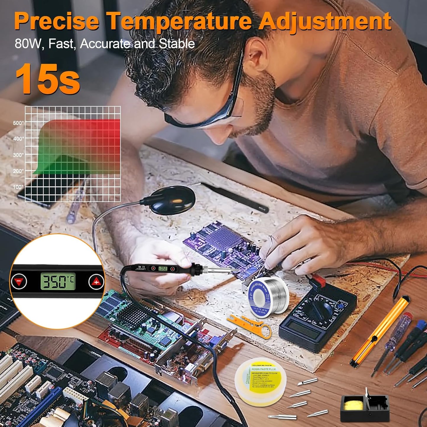 Soldering Iron Kit 80W LCD Adjustable Temperature 180-520℃ Solder Kit Electronics 13 in 1 Welding Tools with ON/OFF Switch, Solder Wire, Flux, 5 Soldering Tips, Desoldering Pump, Stand, Tweezers