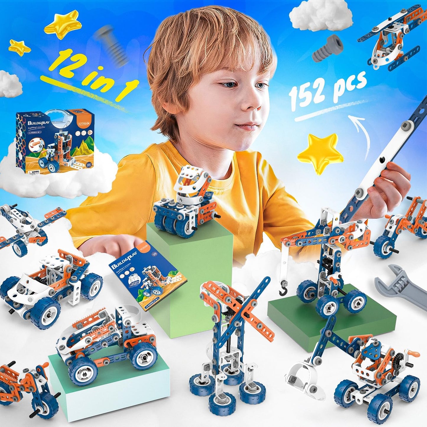 SMIESSKIDDO 12 in 1 STEM Toys, 152 PCS Building Toys for Kids Ages 4-8 5-7 6-8 Educational Activities for Boys 4-6 8-10 Construction Creative Games Birthday Gifts for 4 5 6 7 8+ Year Old Boy Girl