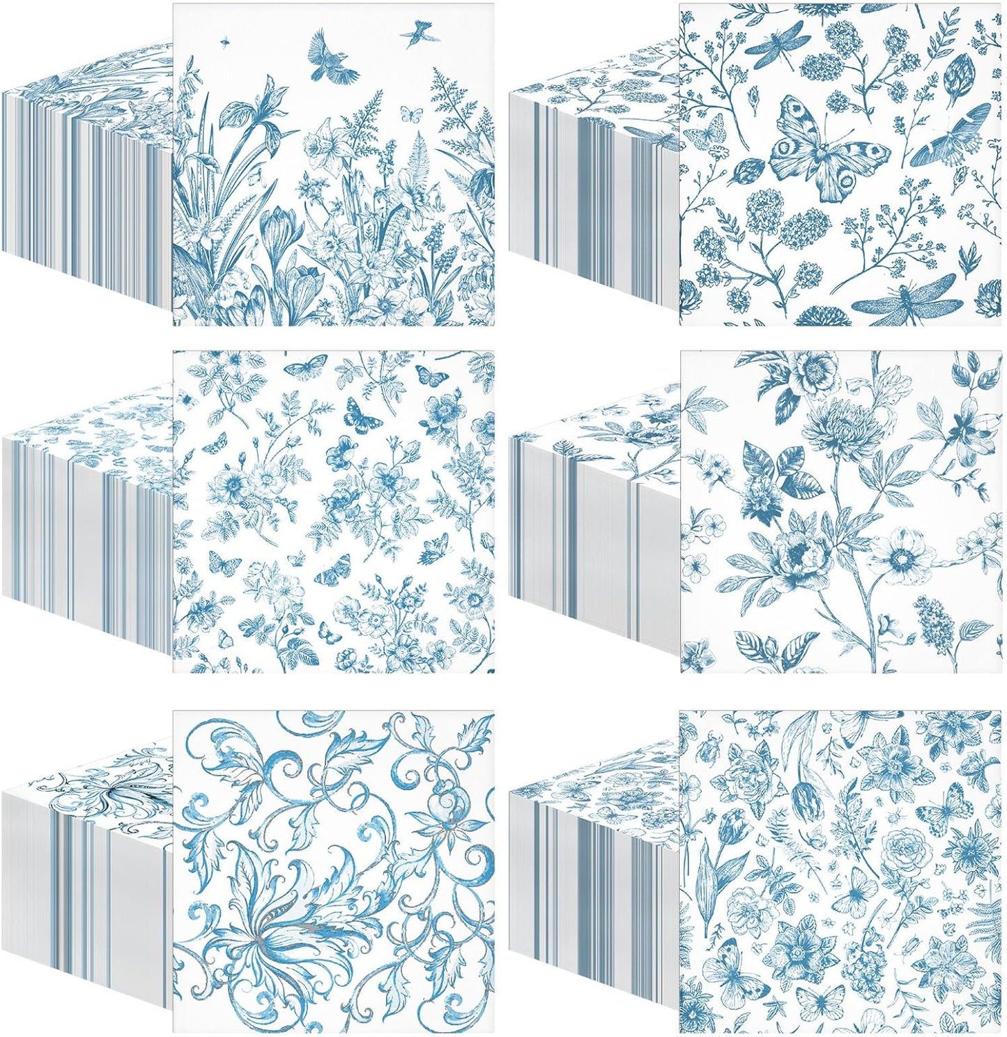 150 Pcs Blue Floral Cocktail Napkins 10 x 10 Inch 6 Styles Assorted Blue Flower Paper Disposable Napkins for Decoupage Home and Kitchen Bridal Baby Shower Tea Party Garden Party Birthday
