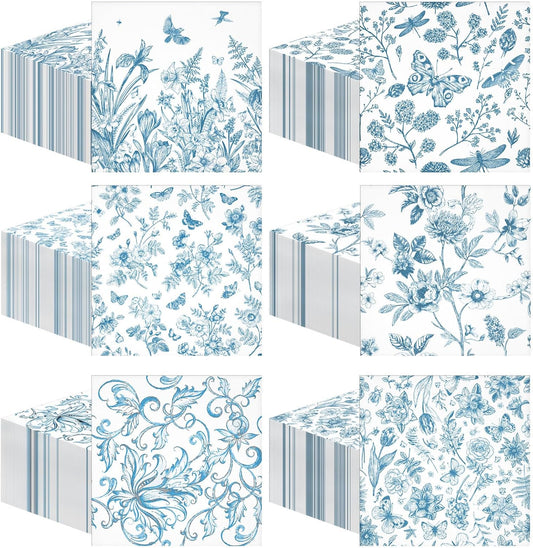 150 Pcs Blue Floral Cocktail Napkins 10 x 10 Inch 6 Styles Assorted Blue Flower Paper Disposable Napkins for Decoupage Home and Kitchen Bridal Baby Shower Tea Party Garden Party Birthday