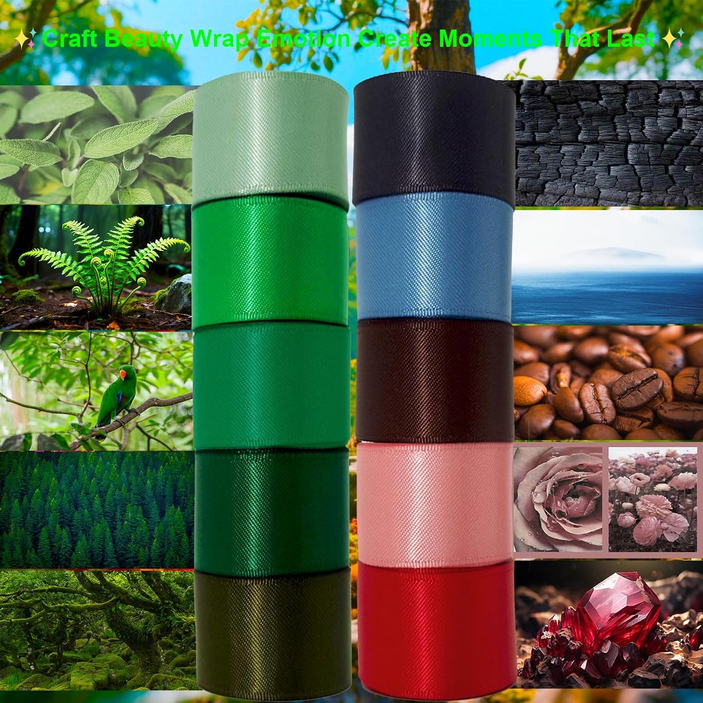 3/8 Inch Assorted Satin Ribbon Set, 50 Yards Double Faced Pack, Into The Forest 10 Colored Green Ribbon Bulk for Gift Wrapping, Crafts, Flower Bouquet, Eco Environment, Earthy Day, Forest Wedding