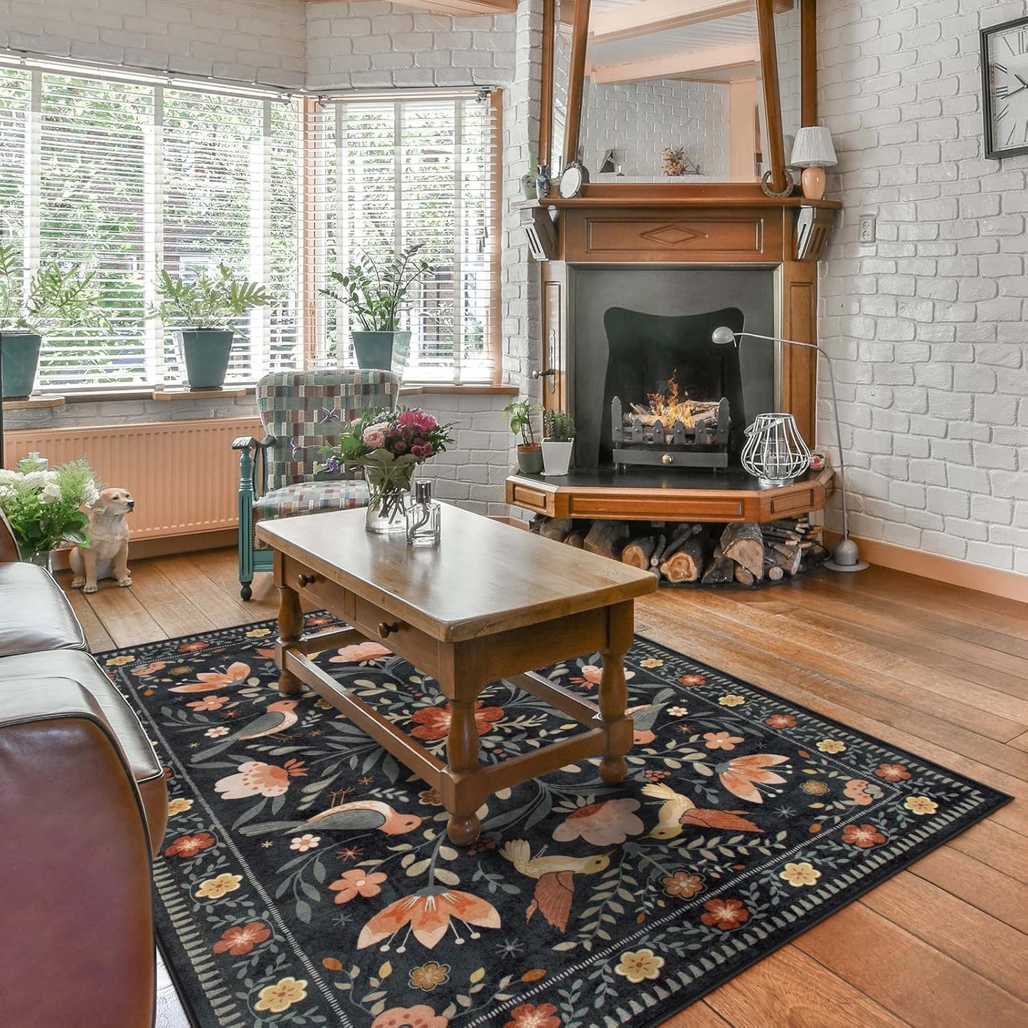 Morebes Washable Black Floral Rug 5x7, Flower Birds Area Rugs for Living Room Non Slip, Soft Low-Pile Indoor Floor Insect Print Throw Carpet for Bedroom Dining Playroom Home Office, Black/Multi