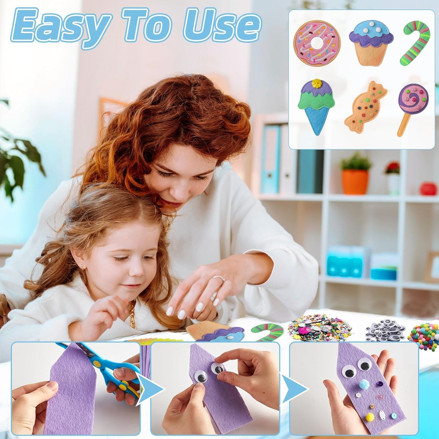 42Pcs Pastel Felt Fabric Sheets 8 x 12 Inch Pink Purple Blue Assorted Soft Thick Felt Pack with Wiggle Google Eyes Pom Poms Glitter Patchwork Craft Supply for DlY Sewing Creative Art Project Decor