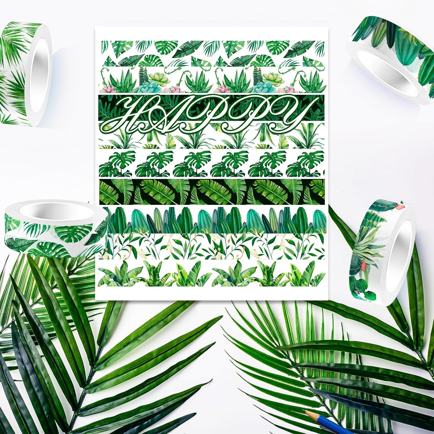 12 Rolls Greenery Washi Tape Set, Summer Tropical Leaves Masking Tape, Green Plants Cactus Succulents Decorative Tape Sticker for Scrapbook Journal DIY Craft Gift Wrapping 16.4FT