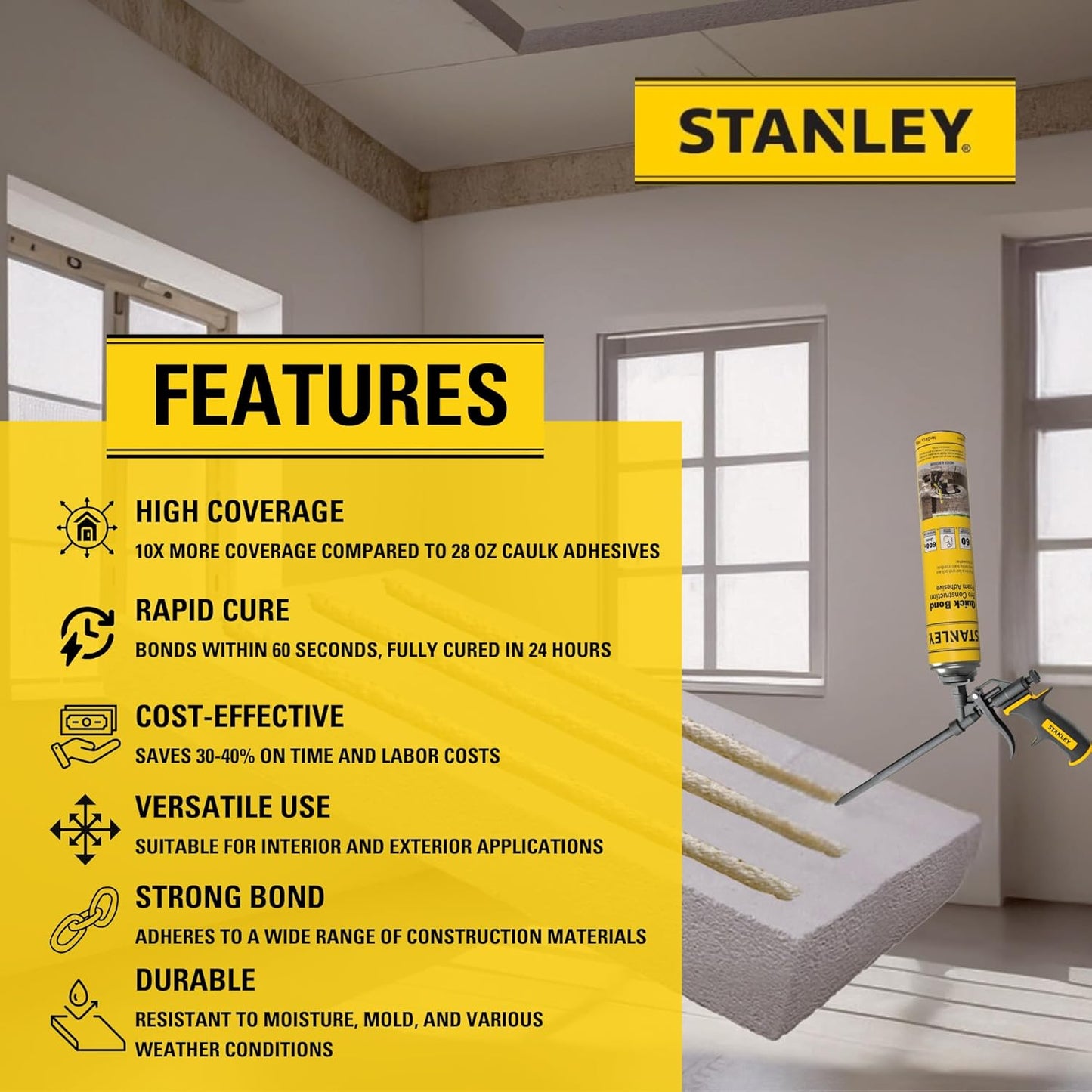 Stanley Quick Bond Adhesive Foam - 2x24oz, Reliable Bond Adhesive for Various Materials, Strong bonding, No Mixing, Gun Use, Including Gun, Cleaner | 2 Pack