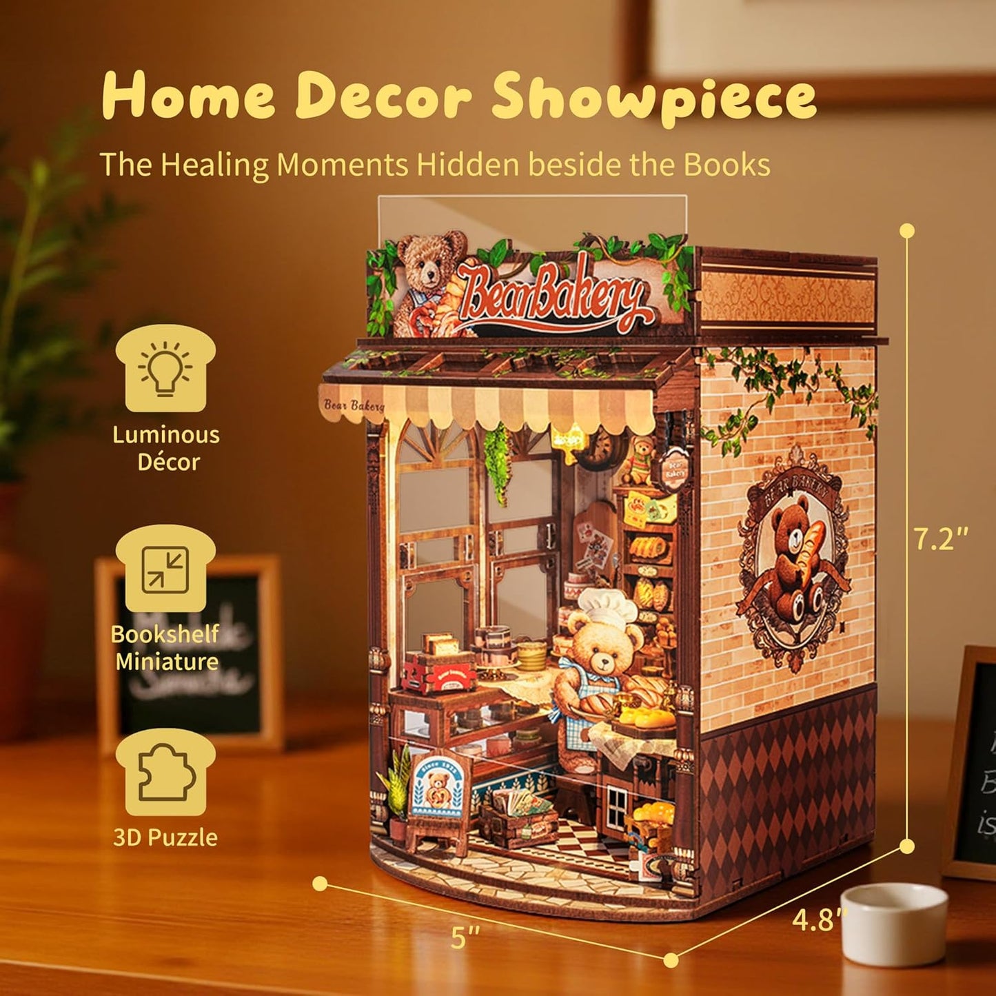 3D Wood Puzzle Bear Bakery LED Dollhouse Book Nook Kit - Miniature Bookshelf Insert DIY Home Decor Gift for Kids and Adults (Bear Bakery)