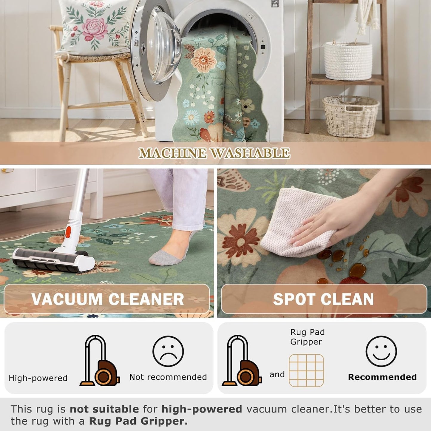 Beeiva Washable Rug 6x9 - Scalloped Floral Printed Soft Non Slip Kids Rugs for Bedroom Ultra-Thin Low Pile Boho Green Area Rug Aesthetic Throw Carpet for Living Room Playroom Dorm Office(Green,6x9ft)