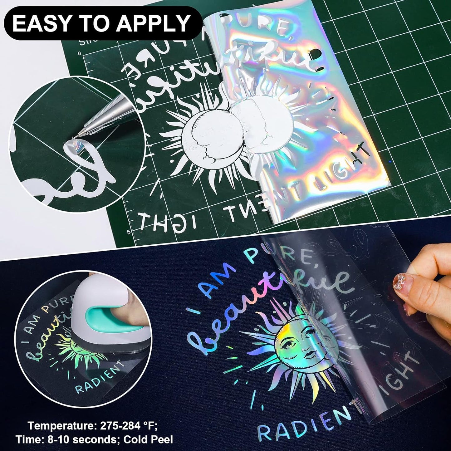 VINYL FROG Metallic Foil HTV Vinyl Roll 12" x5ft Holographic Silver Heat Transfer Vinyl Chrome Iron on Vinyl Easy to Cut & Weed DIY Heat Press Design for T-Shirts