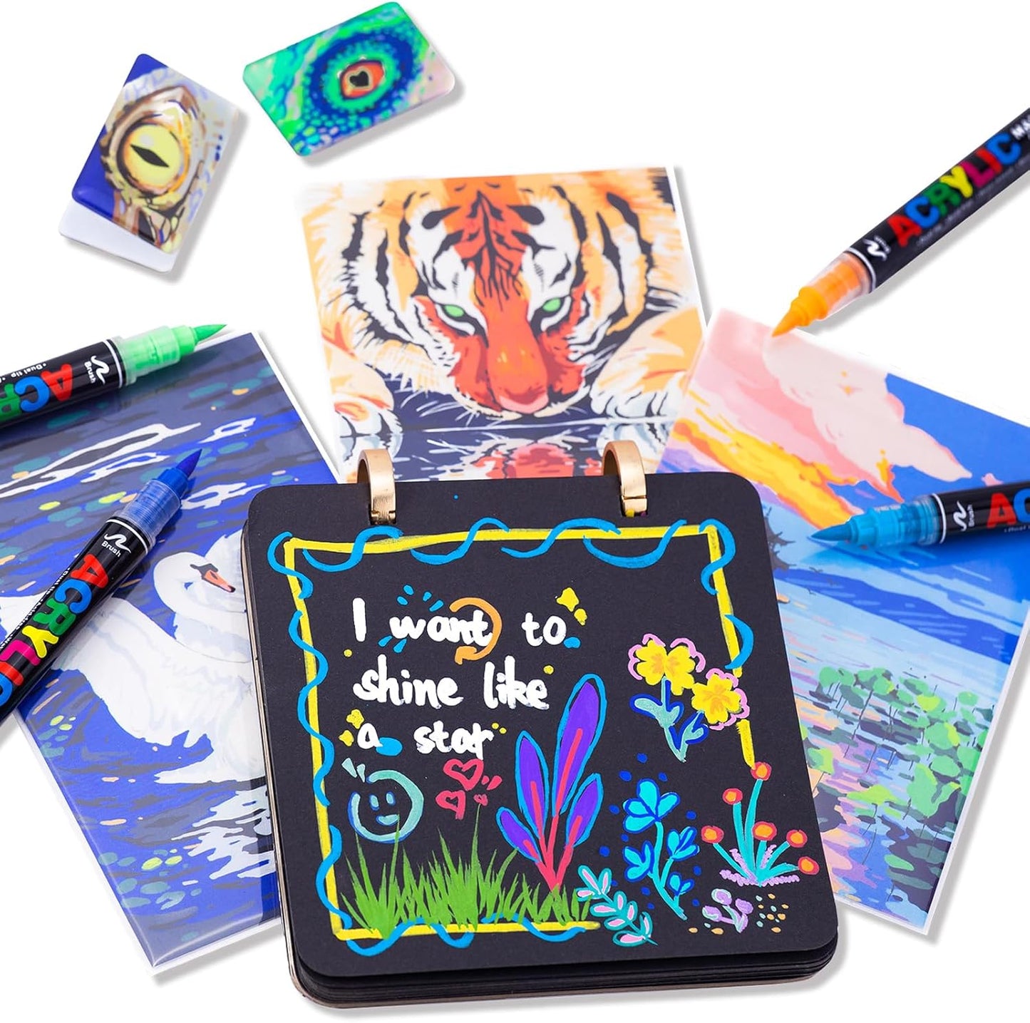 Guangna 120 Colors Acrylic Paint Markers, Dual Tip Paint Markers Pens Set with Soft Brush Tip, Multifunctional Fine Tip Markers for Wood,Canvas, Rock Painting,Glass,Diy Crafts Art Supplies, Waterproof