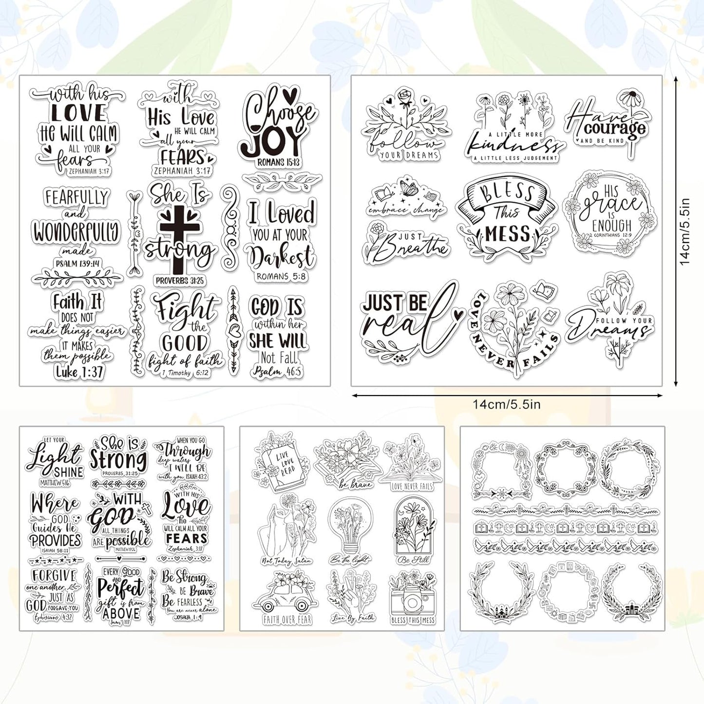Whaline 5 Sheets Bible Verse Clear Stamps Christian Jesus Silicone Transparent Stamps Greeting Words Border Stamp Cards for DIY Card Making Scrapbooking Embossing Album Decor