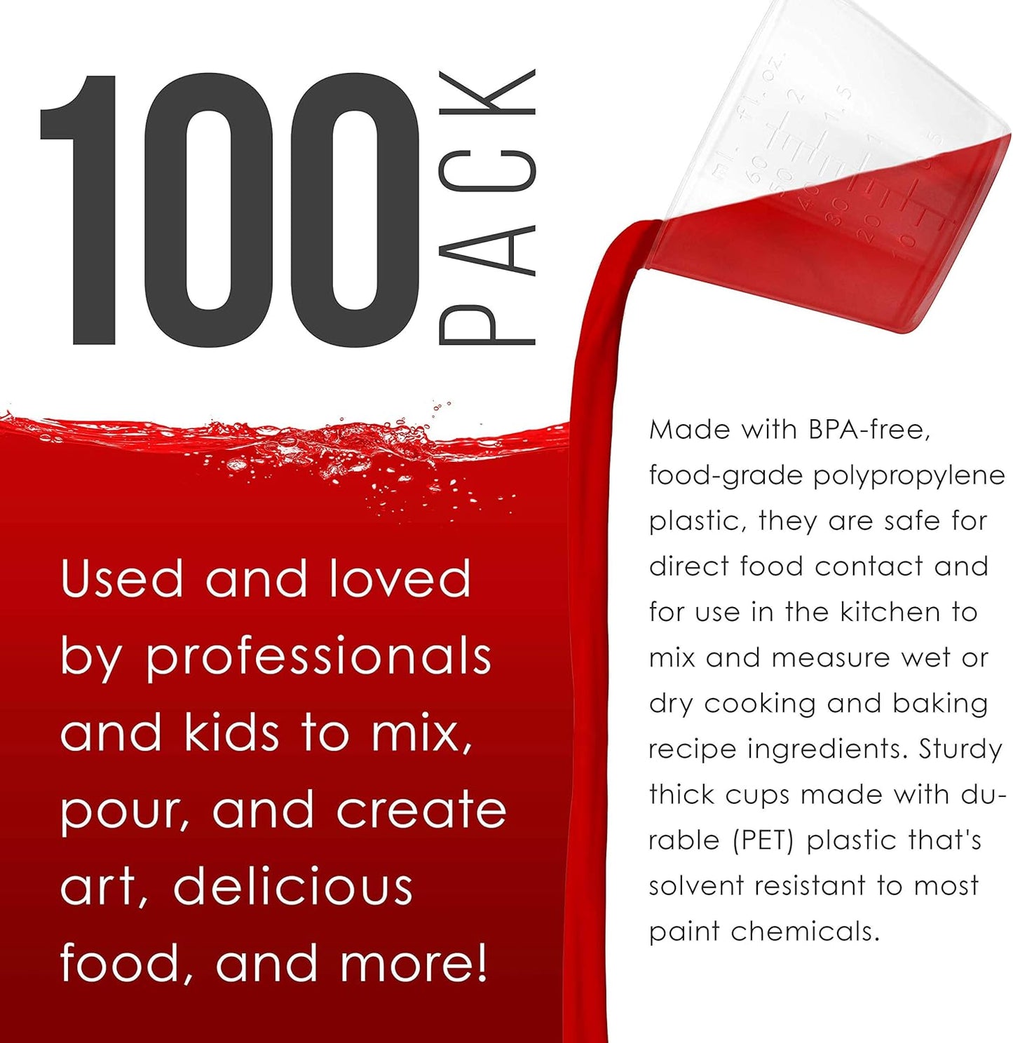Pouring Masters 2 Oz (60 ml) Liquid Measuring Cups - Plastic Graduated Cup (100 Pack) with 25 Sticks - Reusable Mixing Cups for Paint, Craft, Kitchen, Lab, Medical Supplies, Epoxy Resin, Art