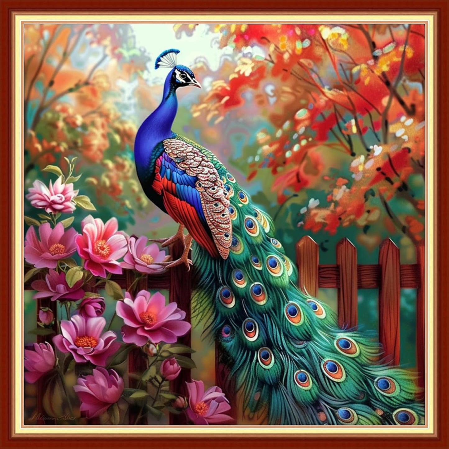 Joyhoor Stamped Cross Stitch Kits for Beginners, Needlepoint Kits for Adults, 11CT Counted Embroidery Kits-Peacock Flowers 18x18 inchs