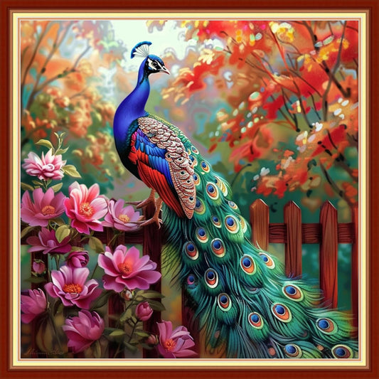 Joyhoor Stamped Cross Stitch Kits for Beginners, Needlepoint Kits for Adults, 11CT Counted Embroidery Kits-Peacock Flowers 18x18 inchs