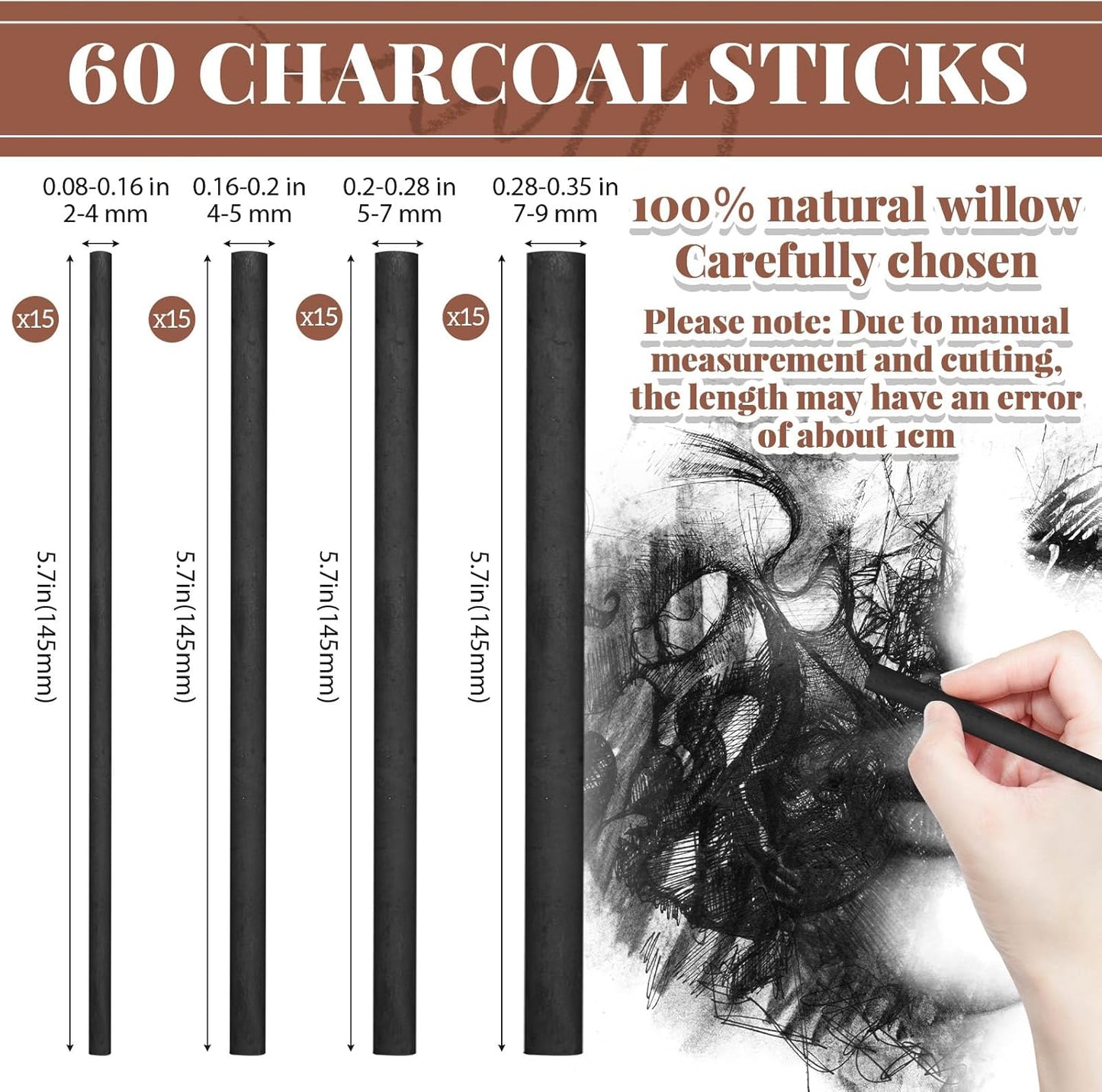 Gueevin 60 Pcs Willow Charcoal Sticks, Willow Charcoal, Artists, Beginners, Students, Perfect for Sketching, Drawing, Shading, and Fine Art Christmas Gifts for Art (2-4mm，4-5mm，5-7mm，7-9mm)