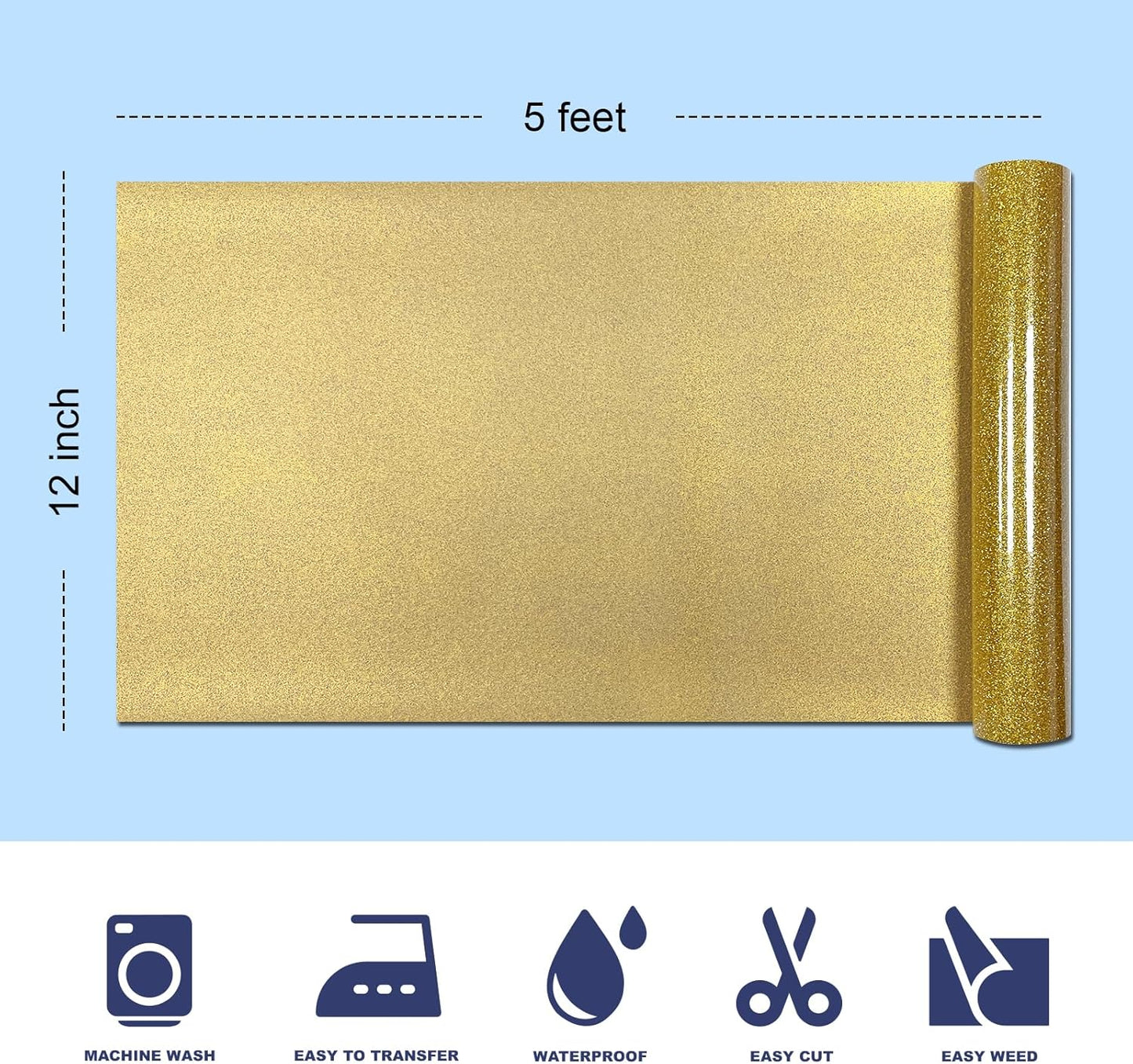 Golden Glitter HTV Heat Transfer Vinyl, 12" x 5ft lron on Vinyl, for T-Shirt Ironing, Vinyl HTV Easy to Cut and Weed, The Best Choice for DIY Creativity. (Golden, 12" x5ft)