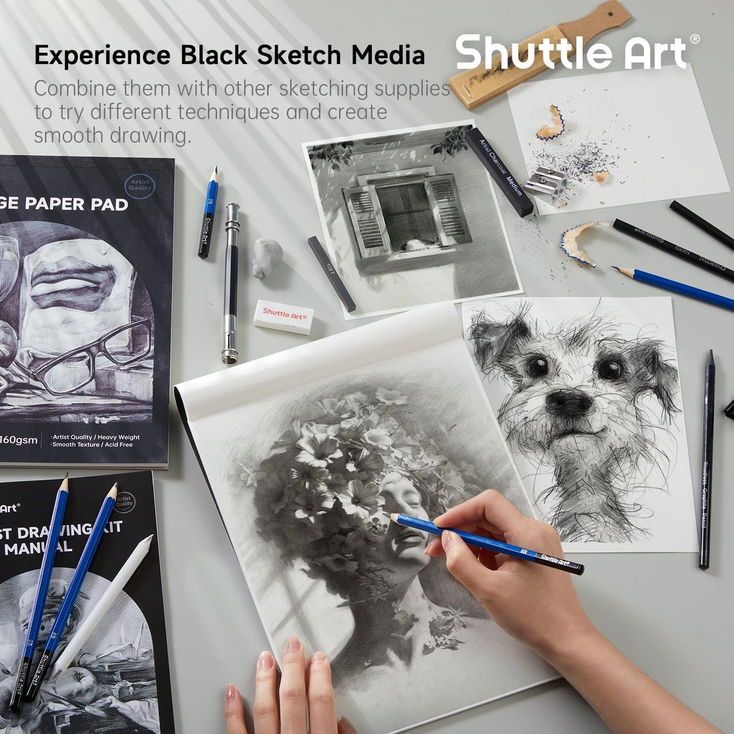 Shuttle Art 124 PCS Drawing Kit, Professional Drawing Supplies with Sketch, Charcoal, Colored, Graphite, Pastel Pencils & Sticks, Complete Drawing Tools and Paper Pads in Zipper Case for Artists&Kids