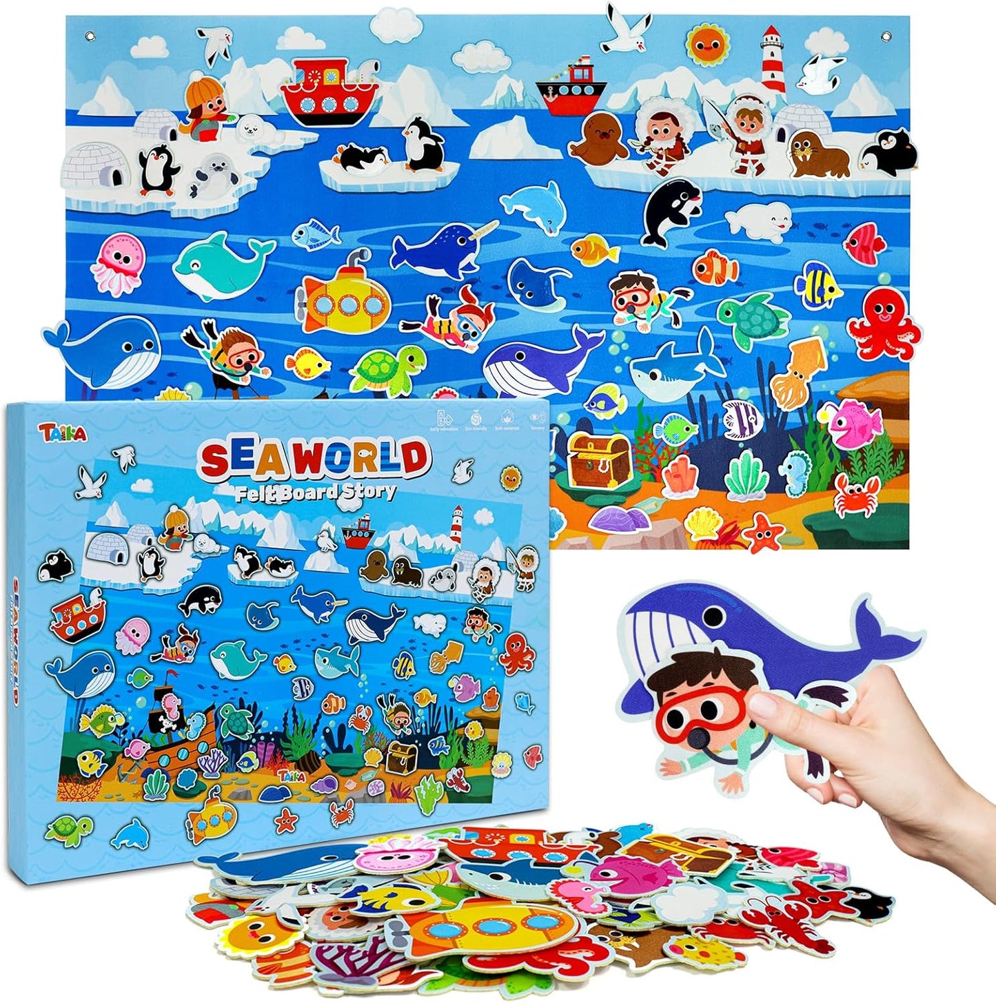 Taika 70 Pcs Ocean Felt Story Board Set, 43x28 inch Interactive Felt Story, Fuzzy Flannel Board, Preschool Storytelling, Classroom Educational Learning Play Kit, Interactive Teaching Kit