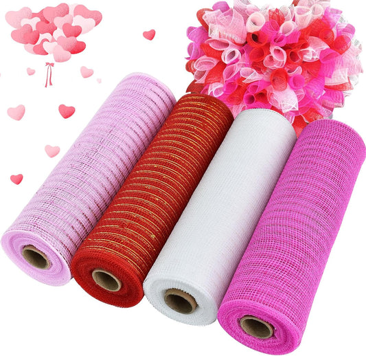 TONIFUL 4 Rolls 10 Inch Red/Pink/White Decorative Mesh Ribbbon Rolls, for Wreath Supplies Front Door Wreath Crafts Tree Decor Christmas NewYears Valentine's Day Decoration (30ft/roll, 120ft/Set)