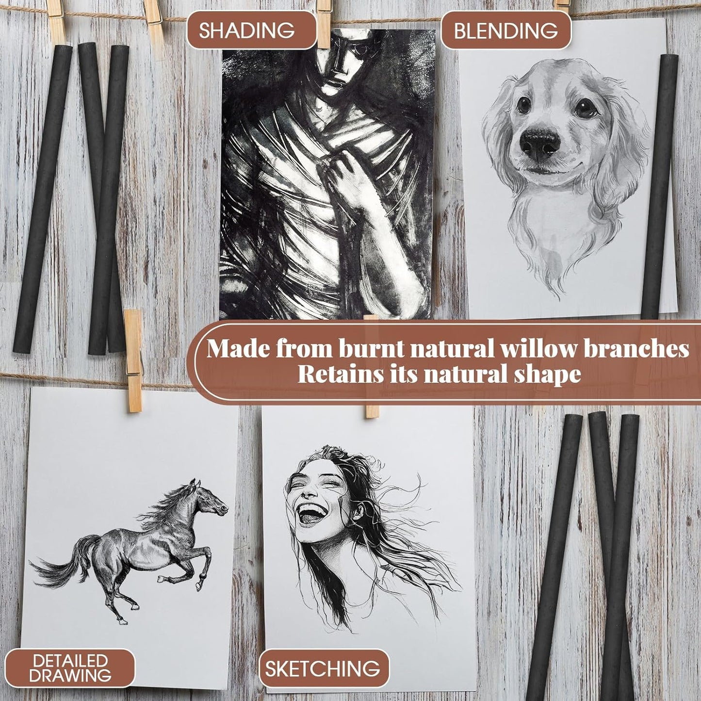 Gueevin 25 Pcs Willow Charcoal Sticks, Willow Charcoal, Artists, Beginners, Students, Perfect for Sketching, Drawing, Shading, and Fine Art Christmas Gifts for Art (4-5mm)