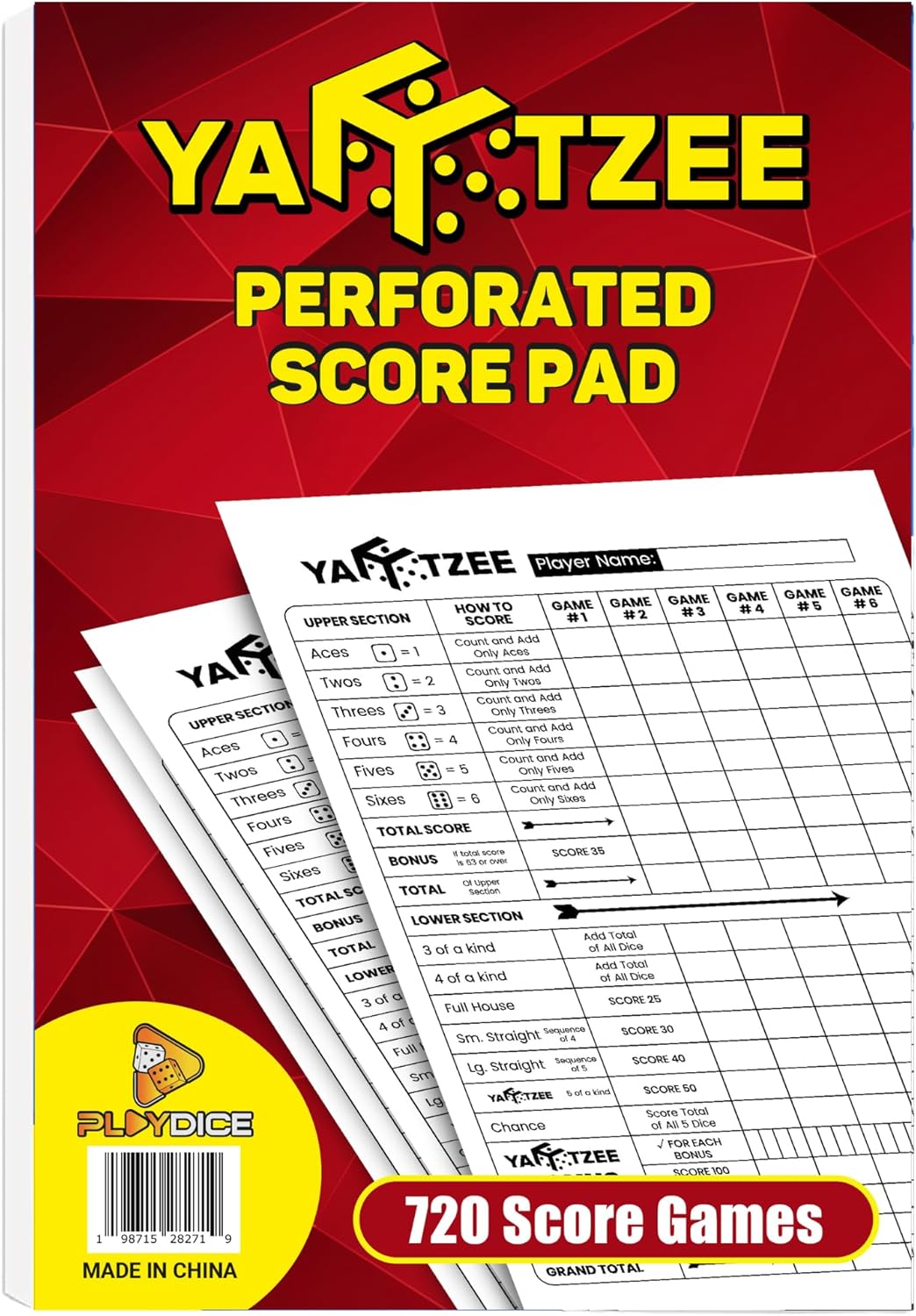 PlayDice Perforated Yahtzee Score Pads: 120 Easy Tear Off Score Sheets, Large Print, Compatible with Yardzee and Yahtzee Games (6x9-120 Pages)