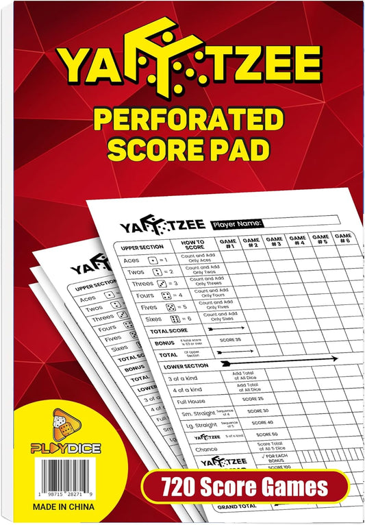 PlayDice Perforated Yahtzee Score Pads: 120 Easy Tear Off Score Sheets, Large Print, Compatible with Yardzee and Yahtzee Games (6x9-120 Pages)