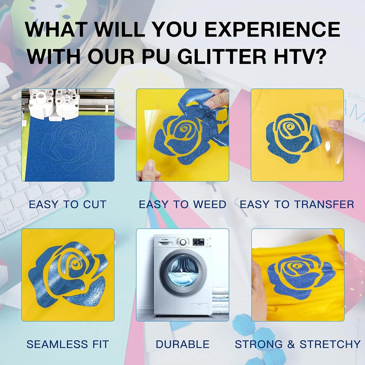 HTVRONT Blue Glitter HTV Heat Transfer Vinyl Rolls - 10" x 8ft Glitter HTV Vinyl for Shirts, Easy to Cut & Weed for Heat Vinyl Design